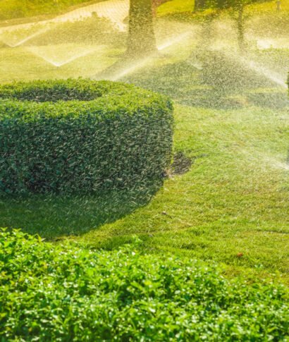 Automatic garden irrigation system watering green garden. Spraying water from a lawn sprayers on a sunny summer day.