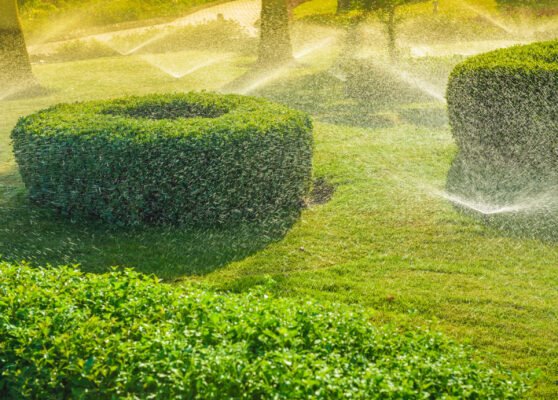 Automatic garden irrigation system watering green garden. Spraying water from a lawn sprayers on a sunny summer day.